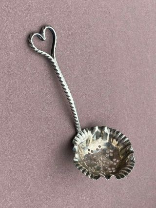 Antique Silver Sugar Sifter Spoon With Unusual Heart Shaped Handle Bham 1907