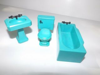 Renwal Bathtub Bathroom Sink Toilet Dollhouse Furniture Turquois Vintage 50s