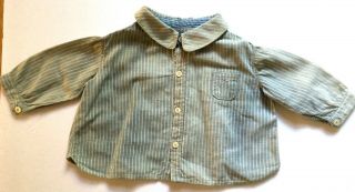 Antique Primitive Handmade Doll Size Faded Blue Cotton Denim Stripe Shirt