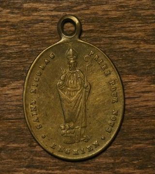 Antique Religious Bronze Medal Pendant Saint Nick Saint Nicholas Pray For Us