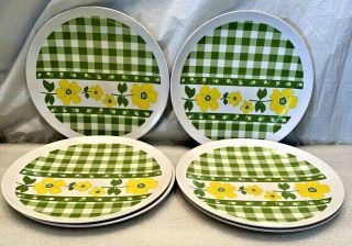 Texas Ware Set Of 6 Vintage Dinner Plates 10 " Melmac Green & Yellow Rare Pattern