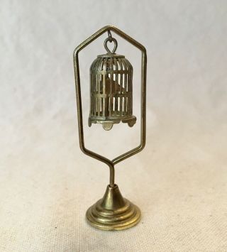 Dollhouse Miniature Vintage Brass Bird Cage W/ Stand & Bird