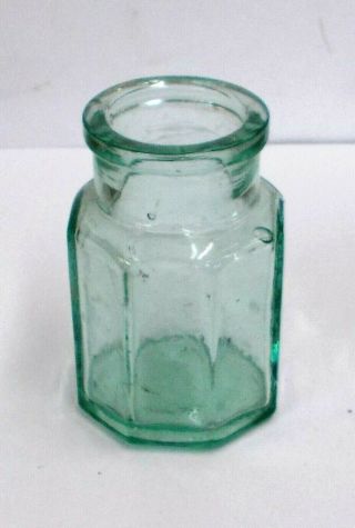 Unusual Size Antique Octagonal 8 Sided Green Glass Ink Bottle 2 7/8 Inches Tall