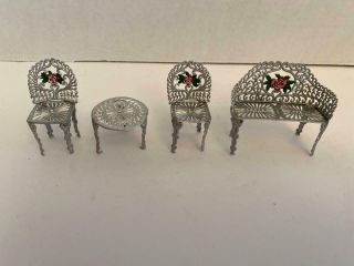 Vintage Dollhouse Metal 4 Piece Patio Set Bench 2 Chairs And 1 Table
