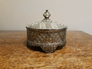 Antique Silver Plated Metal Circular Jewellery Trinket Ring Box