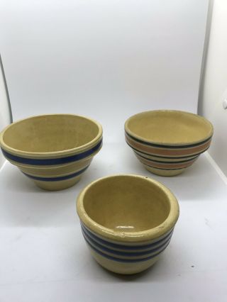 Set Of 3 Rare Antique Hand Turned Stoneware Yelloware Nesting Bowls Near