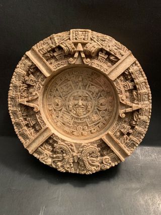 Rare Vtg Aztec Mayan Mexican sun Design Stone Cigarette Ashtray Felt Bottom 2