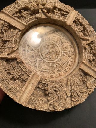 Rare Vtg Aztec Mayan Mexican sun Design Stone Cigarette Ashtray Felt Bottom 3