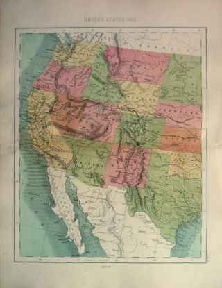Antique Map Of United States Calafornia Arizona Oregon 1871