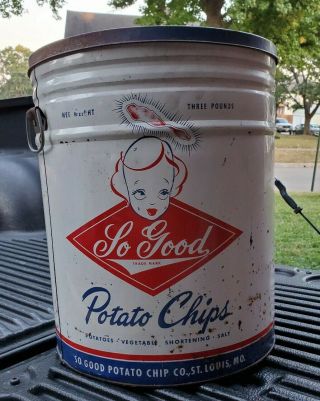 Vintage Rare So Good Potato Chip Advertising Tin Can Bucket Large 3 Lbs Pounds