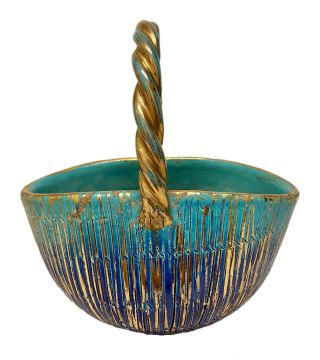 Rare Aldo Londi Bitossi Seta Rimini Blue Gold Italian Art Pottery Basket Handled