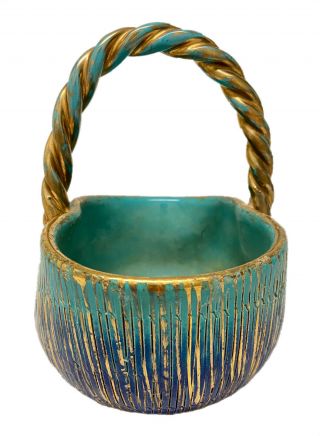 RARE ALDO LONDI BITOSSI Seta Rimini Blue Gold Italian Art Pottery Basket Handled 2