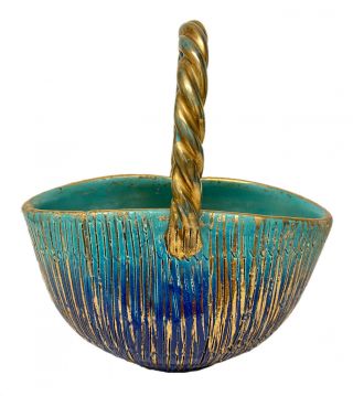RARE ALDO LONDI BITOSSI Seta Rimini Blue Gold Italian Art Pottery Basket Handled 3