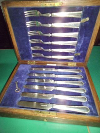 W H & S A1 Vintage Boxed Set Of Silver Plated Dessert Or Fruit Knives And Forks