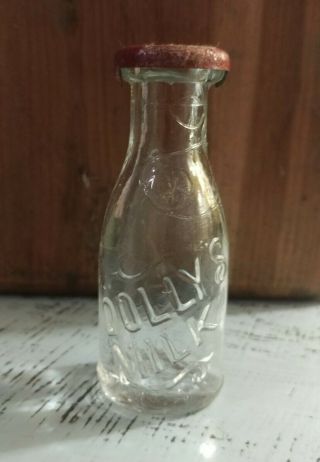 VTG.  /ANTIQUE AVOR DOLLY ' S MILK Miniature Glass Bottle CANDY Container TIN CAP 2