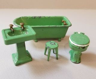 Vintage Tootsietoy Green Metal Dollhouse Bathroom Set,  Sink Tub Toilet Stool