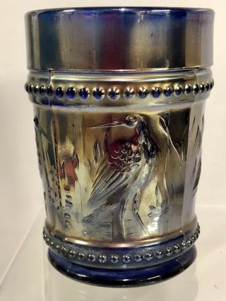 Antique 1913 Dugan Diamond Carnival Glass Blue Tumbler Beaded Stork & Rushes
