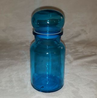 Vintage Aqua Blue Glass 9 " Apothecary Jar With Bubble Lid Made In Belgium