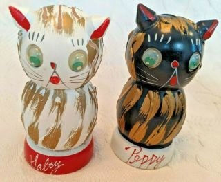 " Rare " Vintage Wooden Black & White W/ Gold Cats Salty And Peppy Shakers 927a