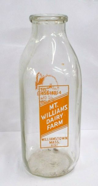 Rare Large Vintage Milk Bottle Mt.  Williams Dairy Williamstown Mass.  8 1/2 " Tall