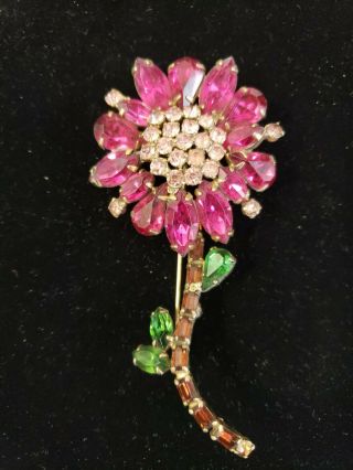 Rare Weiss Signed Vintage Fuchsia & Green Figural Flower Brooch