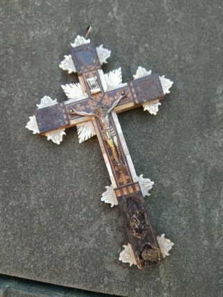 Antique Priest Crucifix - Mother Of Pearl Wood Inlay 14 Stations Of Cross Rare