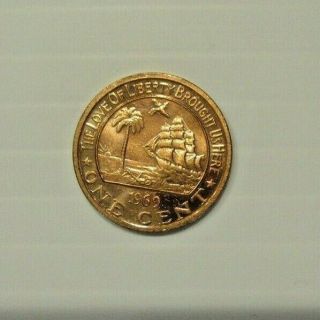 1969 Liberia One 1 Cent Proof - Rare - Mintage 5,  056 - Light Toning - Km 13