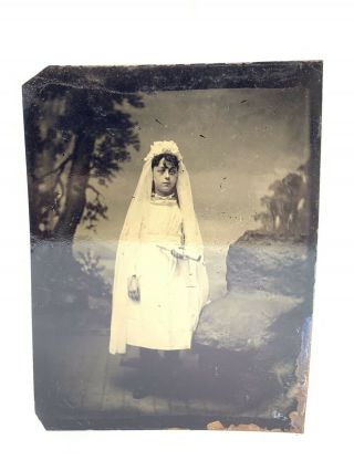 Rare Antique Victorian American First Communion Girl Floral Tintype Photo