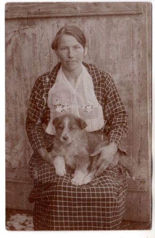 Early 1900 Lady W Little Puppy Dog Antique Vintage Photo Postcard Size