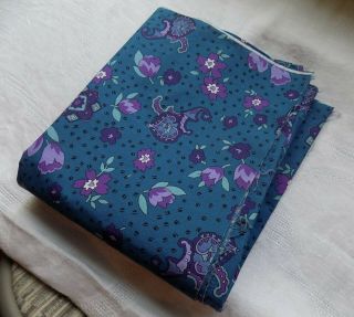 2 Yards Vintage Rare Cotton Fabric Blues Purples Abstract Floral