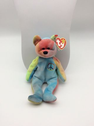 Rare 1996 Retired Peace Bear Ty Beanie Baby Rainbow Colors With Errors
