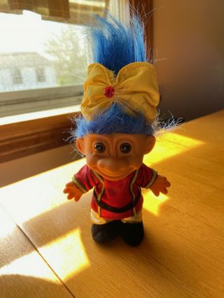Vintage Russ 5 " Troll Doll Blue Hair Yellow Bow