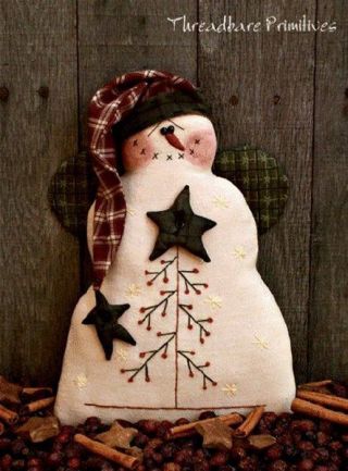 Pattern Primitive Santa Snowman Doll W/ Stitchery Christmas Tree