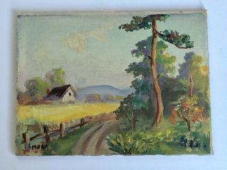 Small Antique Vintage Cottage Landscape Oil Painting On Canvas Board 4.  5” X 6”