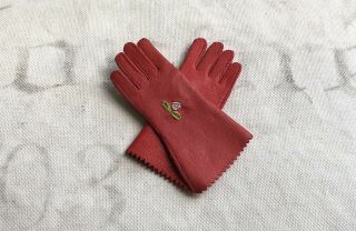 Gorgeous Old Red Kid Leather French Fashion Doll Gloves W/ Embroidered Rosettes