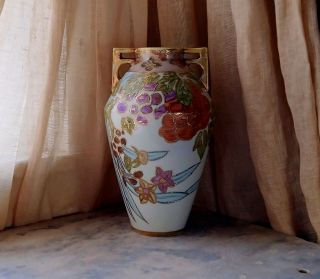 Antique Hand Painted Nippon Morimura Handled Vase Pastel Florals Moriage