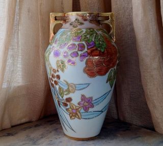 Antique Hand Painted Nippon Morimura Handled Vase Pastel Florals Moriage 2