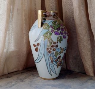 Antique Hand Painted Nippon Morimura Handled Vase Pastel Florals Moriage 3