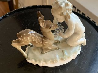 Rare Hutschenreuther Kunstabteilung Porcelain Boy/putti With Deer By K Tutter
