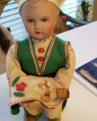 Antique Celluloid And Wood Wind Up Doll W/ Baby Holland / Netherlands