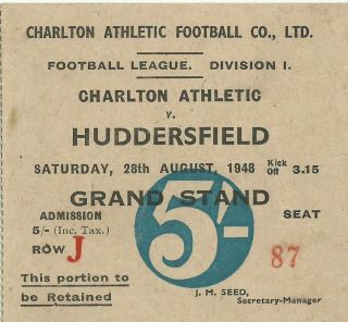 Rare Football Ticket Charlton Athletic V Huddersfield Town Division 1 One 1948