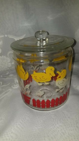 Rare Vintage Easter Glass Jar W/baby Lamb,  Bunny,  Duck Yellow & Red Fence W/lid