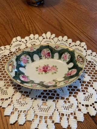 Antique Hand Painted Nippon Dish Green Pink Roses Gold Trim Maple Leaf Mark