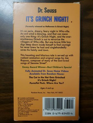 Rare OOP Dr.  Seuss IT ' S GRINCH NIGHT Halloween VHS 1977 / 1992 Random House 2
