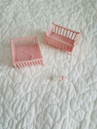 Vintage Dollhouse Furniture Pink Plastic Baby Bed Crib And Playpen & Baby Bottle