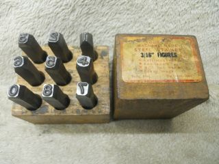 Antique Vintage 3/16 In.  Number Stamps (9 Set) Metal Tools In Wooden Box -
