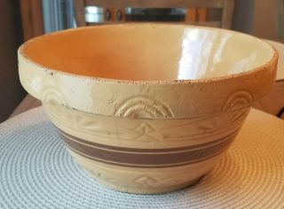 Vintage R.  R.  P.  Co.  Yellow Ware Pottery Mixing Bowl Brown Bands 9 1/8 "