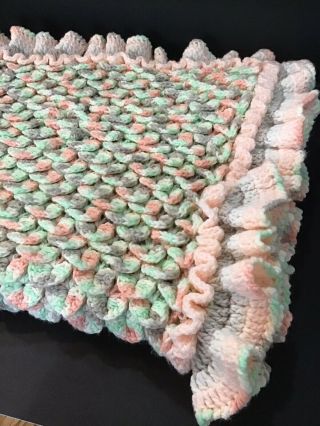 Handmade Crochet Peach Lt Gray Ruffled Baby Blanket Rare
