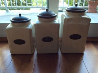 Set Of 3 Vintage Style Ivory Ceramic Kitchen Tabletop Canisters With Lids