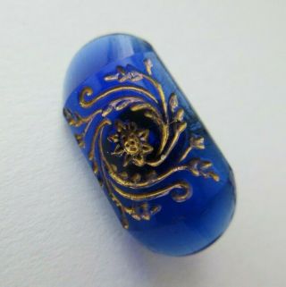 Marvelous Antique Vtg Victorian Cobalt Blue Glass Button Gold Luster Design (u)